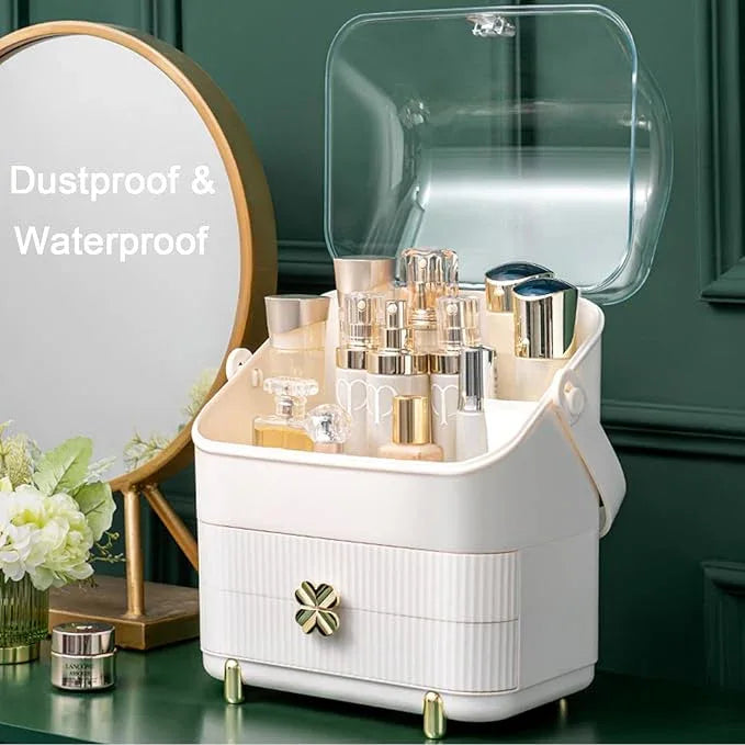Preppy Skincare Organizers Makeup Organizer Holder Cosmetic Storage Box Display Case 3 Tiers Dust Free Cover Portable Handle 2 Rroomy Drawers Gift Great For Bathroom Countertop Dresser Ivory White - ModernBath