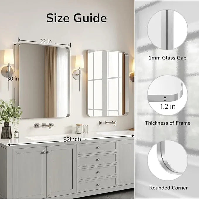 USHOWER Brushed Nickel Bathroom Mirrors 22"x30" 2 Pack, Silver Rectangle Mirrors for Over Sink, Rounded Corner, Aluminum Frame, Anti-Rust, Tempered Glass, Horizontal or Vertical Mounted - ModernBath