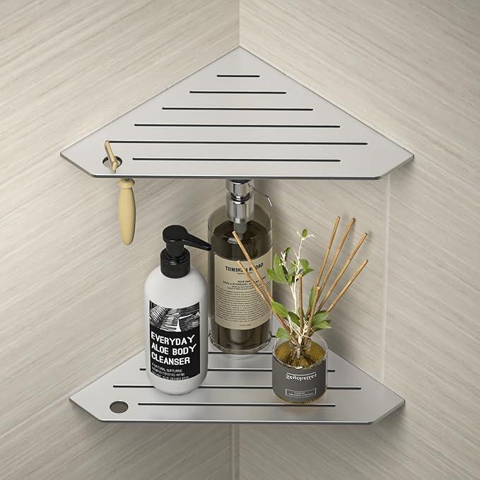 Corner Shower Shelves, Pentagonal Grout in Shelf w/Razor Holding Hole, 304 Stainless Steel Bathroom Shelf (Brushed) - ModernBath