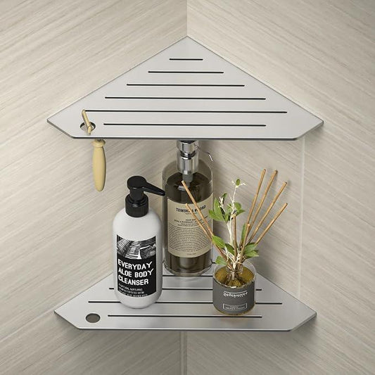 Corner Shower Shelves, Pentagonal Grout in Shelf w/Razor Holding Hole, 304 Stainless Steel Bathroom Shelf (Brushed) - ModernBath