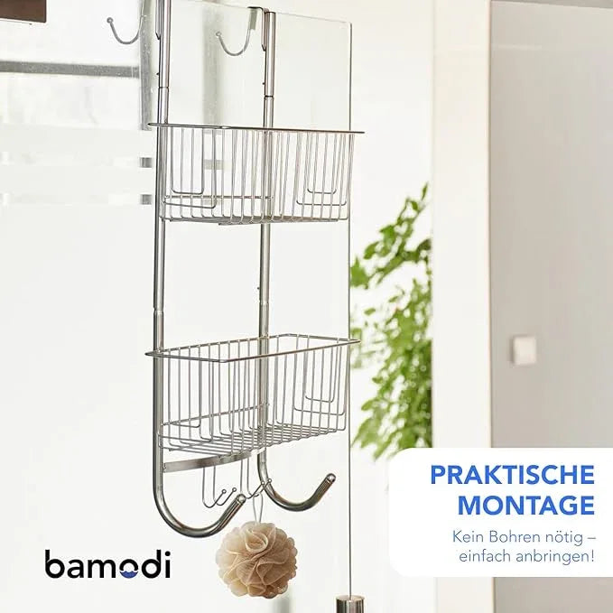 Bamodi Shower Caddy Hanging - 2 Tier Over Door Chrome Plated - No Drilling Required - Fits Shower Screens up to 0.78 inches - Hangable Shower Rack with 2 Towel Hooks (27.5 x 7.5 x 7.3 INCHES) - ModernBath