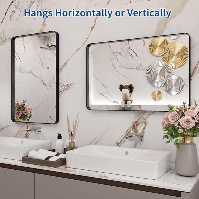 WEER Black Bathroom Mirror 20X30 Inch, Rectangular Matte Black Metal Framed Vanity Mirror, Farmhouse Bathroom Mirror with Tempered Glass, Rounded Corner, Anti-Rust (Horizontal/Vertical) - ModernBath