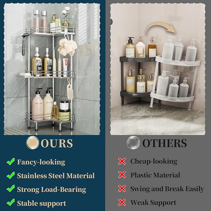 Consumest Corner Shower Caddy Standing - 3-Tier Stainless Steel Shower Organizer with Soap Holder and 4 Hooks, Large Capacity Corner Shelf Stand for Bathroom, Rest Room, Silver - ModernBath