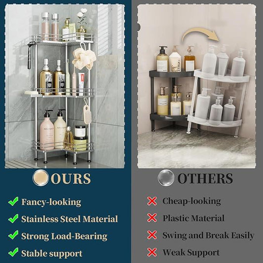 Consumest Corner Shower Caddy Standing - 3-Tier Stainless Steel Shower Organizer with Soap Holder and 4 Hooks, Large Capacity Corner Shelf Stand for Bathroom, Rest Room, Silver - ModernBath