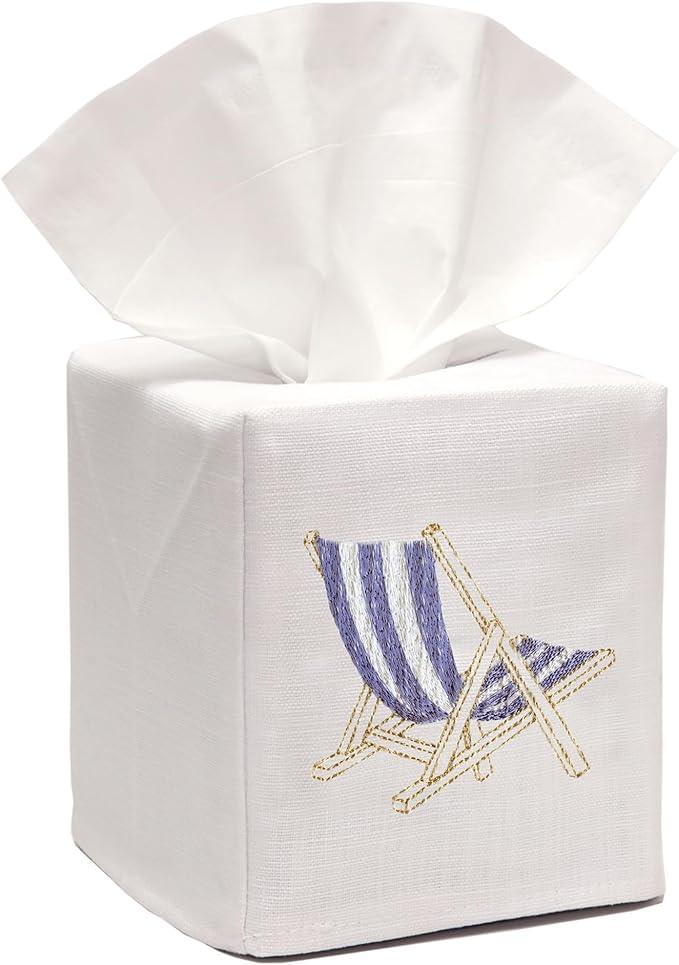Jacaranda Living Square Tissue Box Cover, Linen/Cotton Fabric Tissue Holder, Decorative Cloth Tissue Cube Cover, Coastal Designs Deck Chair (Blue) - ModernBath
