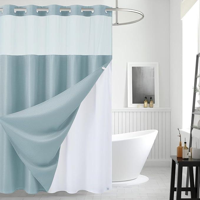 Extra Long Waterproof Bath Curtain 71x84 Fabric,Cloth Shower Liner with 12 Snap Buttons, Magnetic Hem with Fog Blue Waffle Weave Texture,No Hook Hotel Grade Machine Washable Curtain,Top Sheer Window. - ModernBath