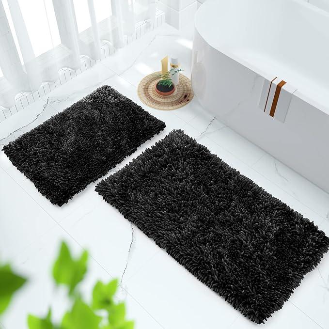 Yimobra Bathroom Rug Set 2 Piece, Luxury Shaggy Bath Mat Set with Non Slip Backing, Ultra Soft & Absorbent Mats for Bathroom Floor, Machine Washable, 44"x24"+24"x17", Black - ModernBath