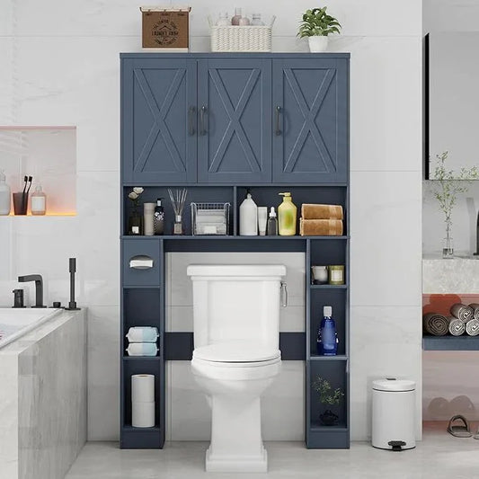 Over The Toilet Storage Cabinet, Farmhouse Toilet Cabinet Rack with 3 Barn Doors, Space Saving Bathroom Organizer with Shelves, Toilet Paper Holder and Towel Rack for Bathroom,Restroom,Laundry,Blue - ModernBath