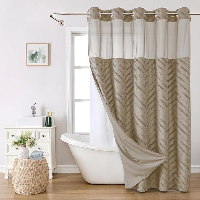 eachope No Hook Boho Farmhouse Shower Curtain with Snap-in Fabric Liner set-71Wx86H(84H),Beige Tufted Chevron Striped Hotel Grade Cloth Shower Curtains for Bathroom with Window,Water Repellent - ModernBath