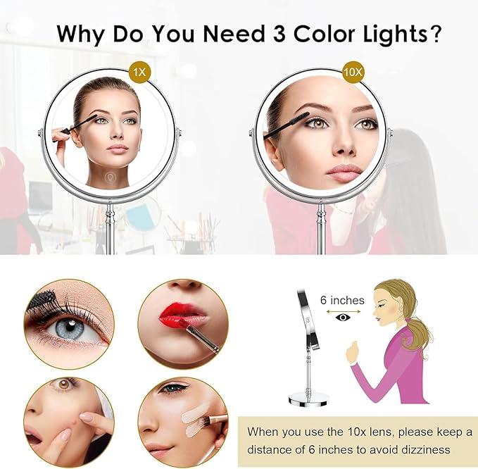 Lighted Makeup Mirror, 3000 mAh Rechargeable Double Sided Magnifying Vanity Mirror with 3 Colors, 1x/10x, 360° Rotation , Brightness Adjustable Magnification Cosmetic Light up Mirror, Women Gift - ModernBath
