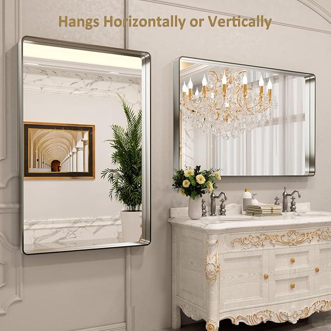 LOAAO 55X36 Inch Brushed Nickel Bathroom Mirror, Rounded Rectangle Silver Metal Frame Mirror, Brushed Nickel, Anti-Rust, Shatter Proof, Hangs Horizontally or Vertically - ModernBath