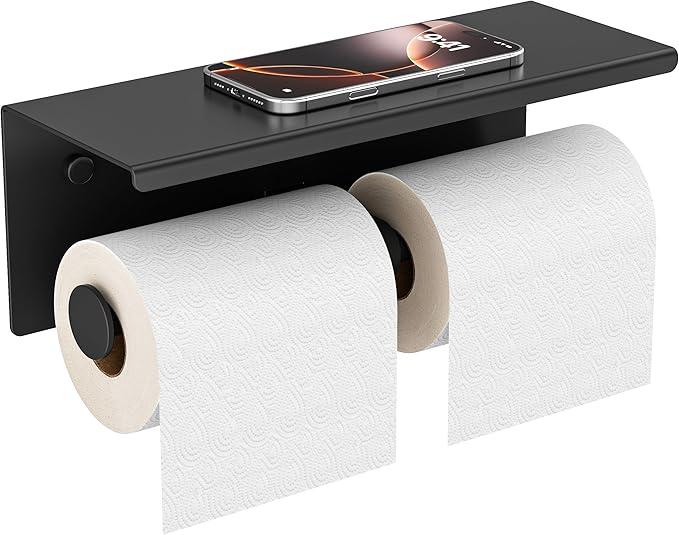 FORIOUS Double Toilet Paper Holder with Shelf, Wall Mount Tissue Roll Holder for Bathroom, 304 Stainless Steel Commercial Toilet Tissue Dispensers with Phone Shelf (1, Matte Black) - ModernBath