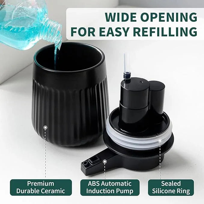 BosilunLife Ceramic Automatic Soap Dispenser with Extended Pump Nozzle, 3 Adjustable Levels, Touchless Lotion Liquid Hand Wash Dispenser for Bathroom & Kitchen, Striped Design, Black, 10oz - ModernBath