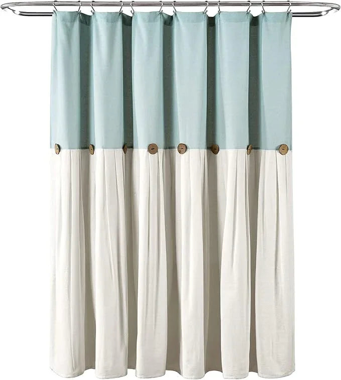 Lush Decor Linen Button Shower Curtain, 72" W x 72" L, Blue & Off White - Blue Shower Curtain Fabric - Bathroom Curtain - Farmhouse Bathroom Decor - ModernBath
