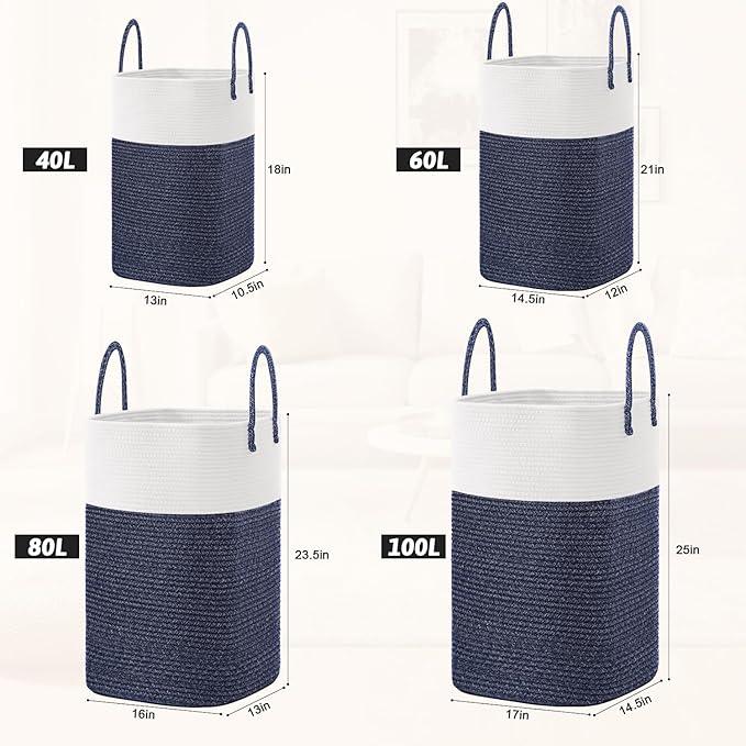 Laundry Basket,Woven Cotton Rope Laundry Hamper,Versatile Storage for Dirty Clothes,Baby Toys,and Blankets in Bathroom, Nursery,and Living Room (Blue, 100L) - ModernBath