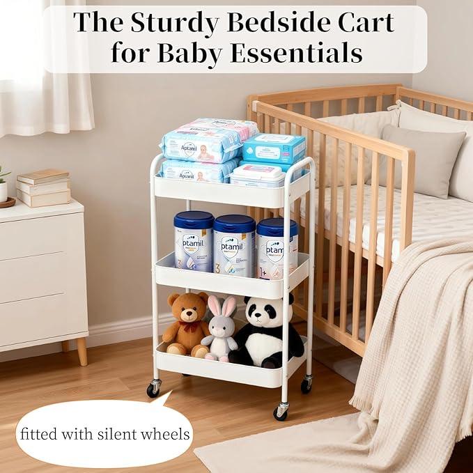 Metal 3 Tier Rolling Cart with Wheels for Kitchen Storage & Laundry Room Organization, Bedside Cart with Handle and 4 Hooks, Versatile Large Capacity Art & Craft Storage Organizer, White - ModernBath