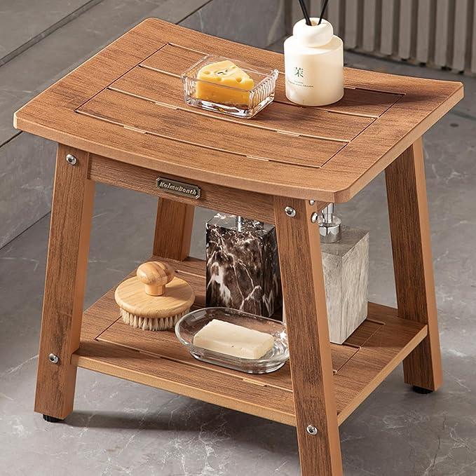 HDPS Shower Bench Seat for Inside, Waterproof Poly Lumber Shower Stool for Shaving Legs, Bathroom Foot Rest with Storage Shelf, Plastic Bath Chair Seat for with Adjustable Feet, No Maintenance, Brown - ModernBath