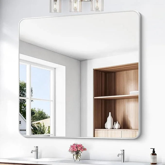 BONEWEI Silver Bathroom Mirror,48x48 inch Wall Mirror for Bathroom Wall Mounted,Rectangle Mirror for Bathroom Over Sink,Modern Frame Round Corner for Living Room,Bedroom Entryway,Horizontal/Vertical - ModernBath