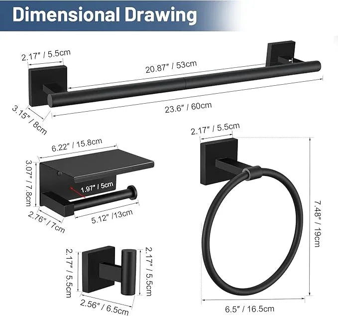 TURS 5-Pieces Matte Black Bathroom Hardware Set 23.6 Inch SUS304 Stainless Steel Towel Bar Set Wall Mounted Square Toilet Paper Holder with Shelf - ModernBath