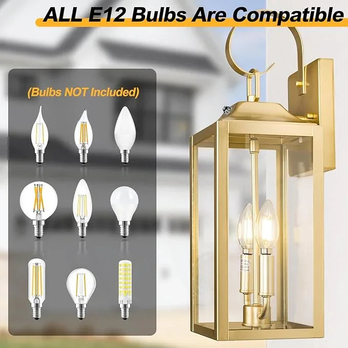 Gold Dusk to Dawn Outdoor Wall Lantern 2-Light, 19" Large Modern Wall Sconce Light Fixture, Industrial Porch Light, Waterproof Farmhouse Exterior Lamp Lighting - ModernBath