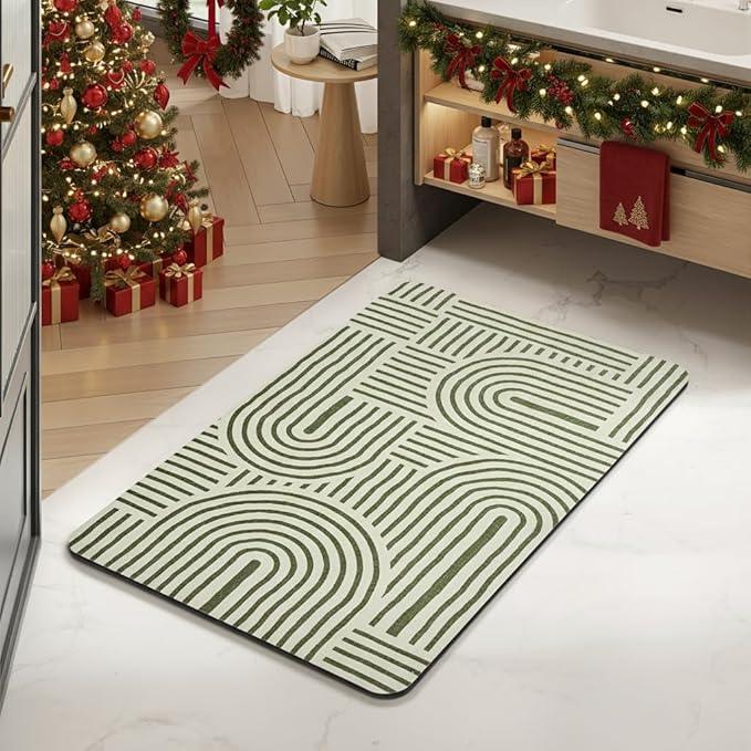 MontVoo -Bath Mat-Non Slip Thin Bathroom Rugs Fit Under Door- Quick Dry Absorbent Faux Suede Surface Grey Bathroom Floor Mats-Shower Rug for in Front of Bathtub Shower Ivory & Green Arched 16x24 - ModernBath