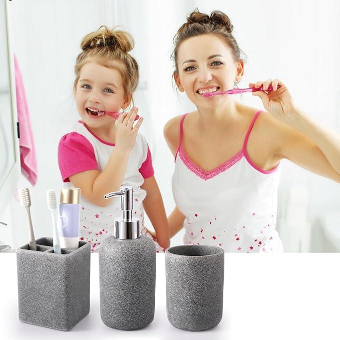 Resin 6 Pcs Gray Bathroom Set Complete with Toothbrush Holder, Lotion Soap Dispenser, 2 Qtip Holder Dispensers,Vanity Tray,Bathroom Tumbler - Countertop Vanity Organizer - Bathroom Accessories Set - ModernBath