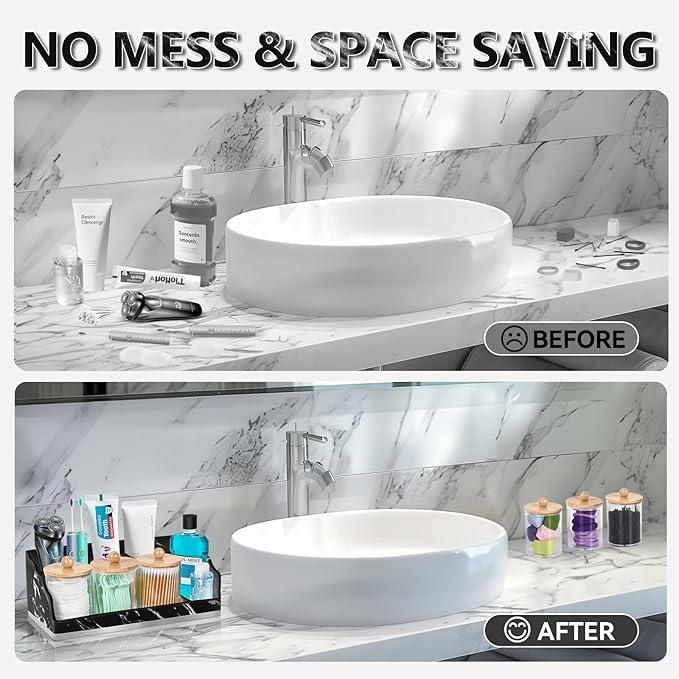 TuCao Marble Bathroom Countertop Organizer, Toothbrush Holders for Bathroom with 3PCS Qtip Holder Dispenser and Toothpaste Holder Drainage for Bathroom Accessories Organization Counter Vanity Storage - ModernBath