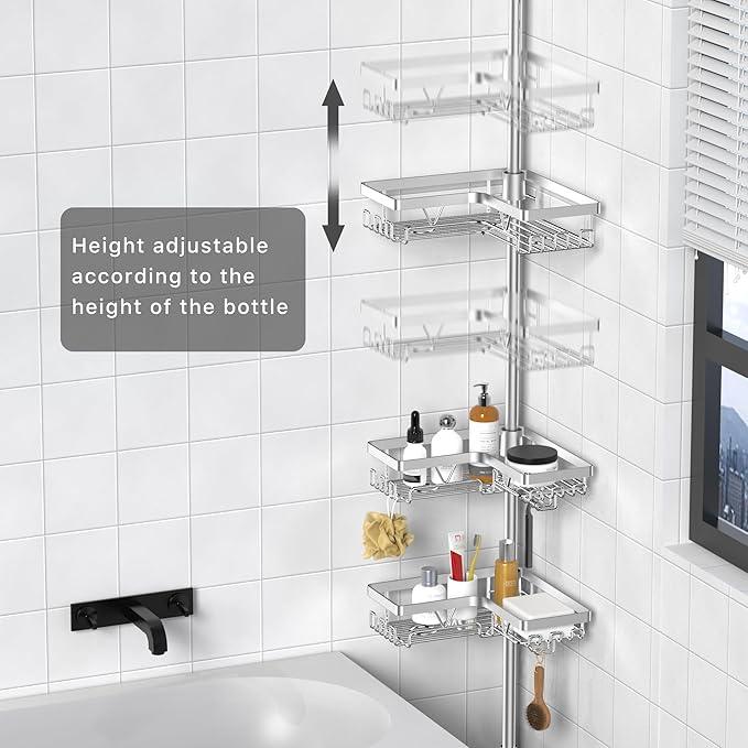 KEGII Bronze Shower Caddy Tension Pole with 2 Towel Bars, Adjustable Corner Bathroom Organizer, Rustproof Bathtub Storage Shelves for Shampoo, 25–114.2 Inch Shower Corner Rack for Renters & Family - ModernBath