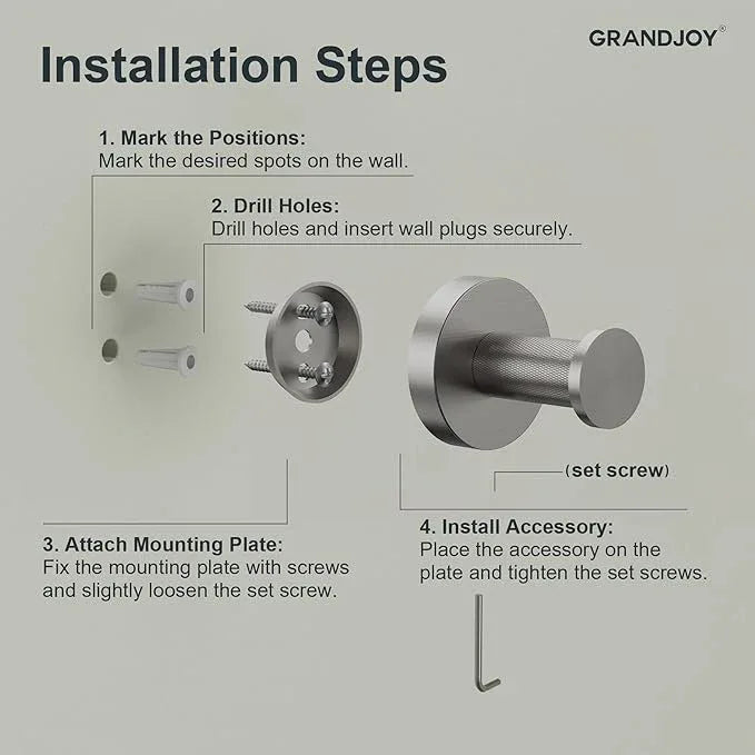 Brushed Nickel Bathroom Hardware Accessories Set, Knurled SUS304 Stainless Steel Kit, Towel Bar, Ring, Robe Hook, Paper Holder, Wall Mounted - ModernBath