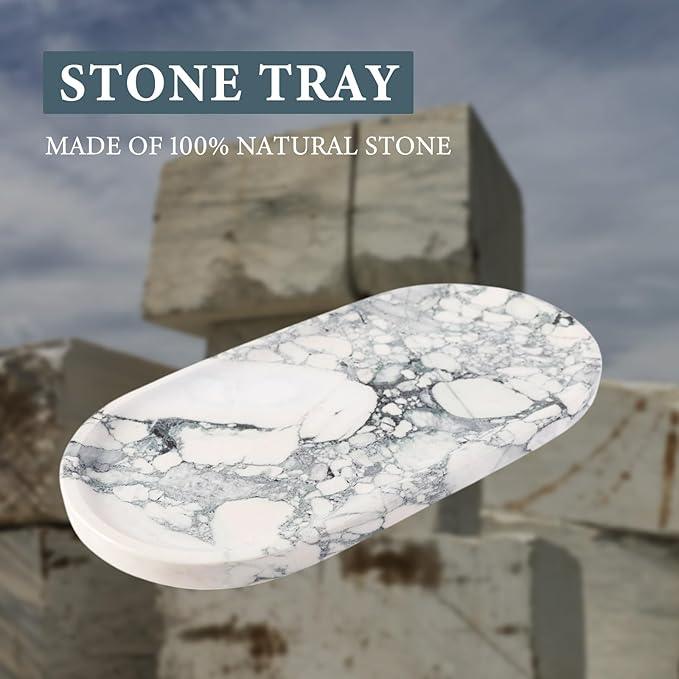 Koville Natural Marble Tray for Bathroom Countertop, Marble Vanity Trays for Perfume, Cosmetics, Jewelry, Decorative Tray for Dresser Organizer, Stone Storage Trays for Bathroom Decor(Grey) - ModernBath