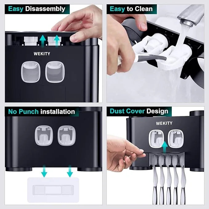 Toothbrush Holder,Multi-Functional Wall Mounted Toothbrush Holder,Toothpaste Dispenser for Bathroom with 2 Toothpaste Squeezers,5 Toothbrush Slots and 4 Cups(Black) - ModernBath
