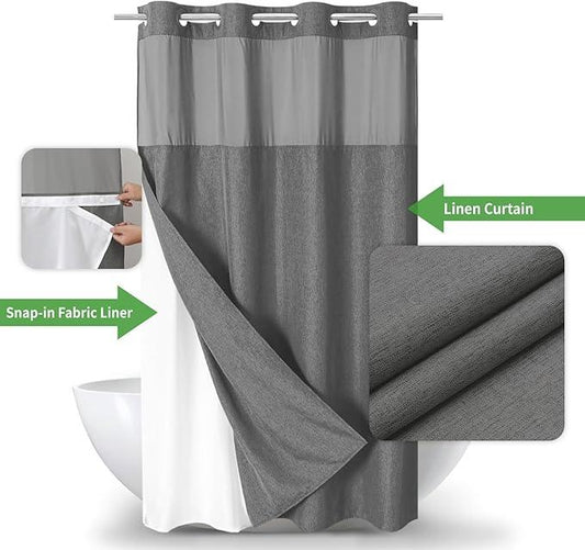 eachope Stall No Hooks Needed Linen Textured Shower Curtain with Snap-in Fabric Liner Set,Hotel Luxury Decor Farmhouse Shower Curtains for Bathroom,Waterproof & Washable,54Wx80H,Charcoal Grey - ModernBath