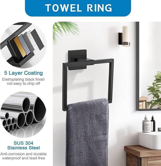 5 Pieces Bathroom Hardware Accessories Set Black Towel Bar Set Towel Holder Racks Set for Bathroom,SUS304 Stainless Steel,Wall Mounted 23.6-Inch - ModernBath