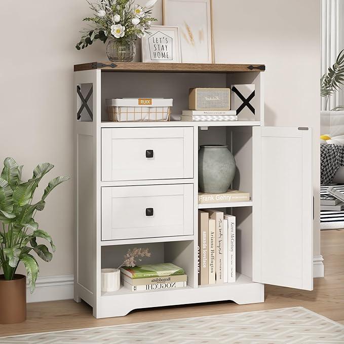 Fameill White Farmhouse Storage Cabinet with 2 Drawers & Shelves,Freestanding Kitchen Cabinet with Doors,Floor Storage Organization for Living Room,Bathroom,Laundry - ModernBath