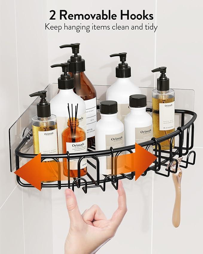 Orimade Corner Shower Caddy Stainless Steel with Hooks Wall Mounted Bathroom Shelf Storage Organizer Adhesive No Drilling 2 Pack, Black Only for 90-Degree Corner - ModernBath