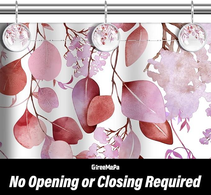 12 Pcs Pink Eucalyptus Shower Curtain Hooks - Decorative Shower Curtain Hooks Rings Set - Stainless Steel Round Resin Shower Rings Hangers for Modern Bathroom Home Bath Room Rods Decor - ModernBath