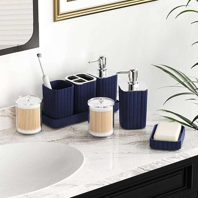 XLHOMO Bathroom Set with Shower Curtain and Rugs- 25PC Bathroom Accessory Set, Navy Blue Shower Curtain Set, Toilet Brush, Trash Can, Qtip Holder Dispenser & Soap Dispenser - ModernBath