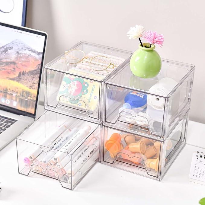 Stebopum 4 Pack Stackable Makeup Organizer, 4.4'' Tall Acrylic Bathroom Makeup Organizer and Storage Drawer with Pull-out Handle, Clear Plastic Storage Bins for Vanity,Pantry,Desk,Undersink,Kitchen - ModernBath