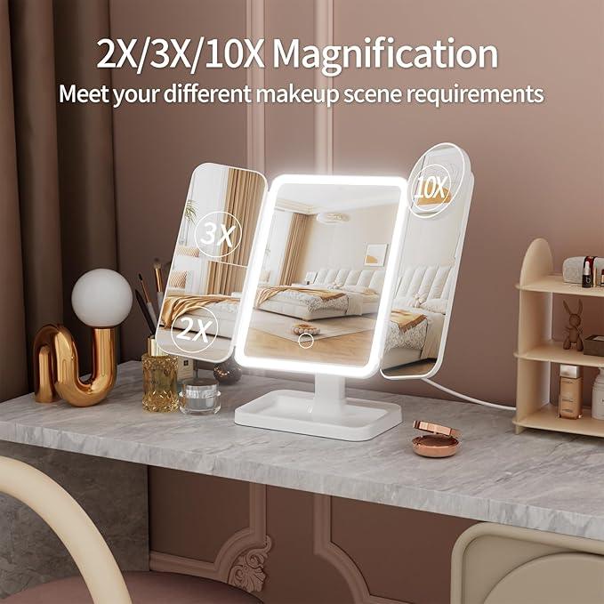 YGGPOQO Lighted Makeup Mirror with 75 LEDs, Rechargeable Vanity Mirror with 1X/2X/3X/10X Magnification, 3 Color Modes & Touch Dimming, Portable Folding Mirror for Travel Desk, Gifts for Women & Girls - ModernBath
