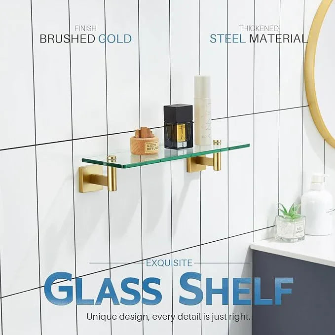 KOKOSIRI Wall Shelves Floating Shelf 16'' Stainless Steel Bathroom Hardware Tempered Glass Small Hanging Rack for Storage/Room Decor Gold B1105BG-L16 - ModernBath
