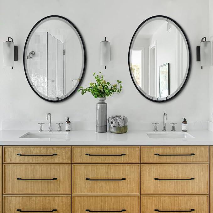 POZINO Matte Black Oval Beveled Mirror, 20"x28" Bathroom Mirror for Over Sink, Modern Rounded Vanity Wall Mirrors for Bedroom Living Room Entryway Fireplace, Wall Mount Hangs Horizontal Or Vertical - ModernBath