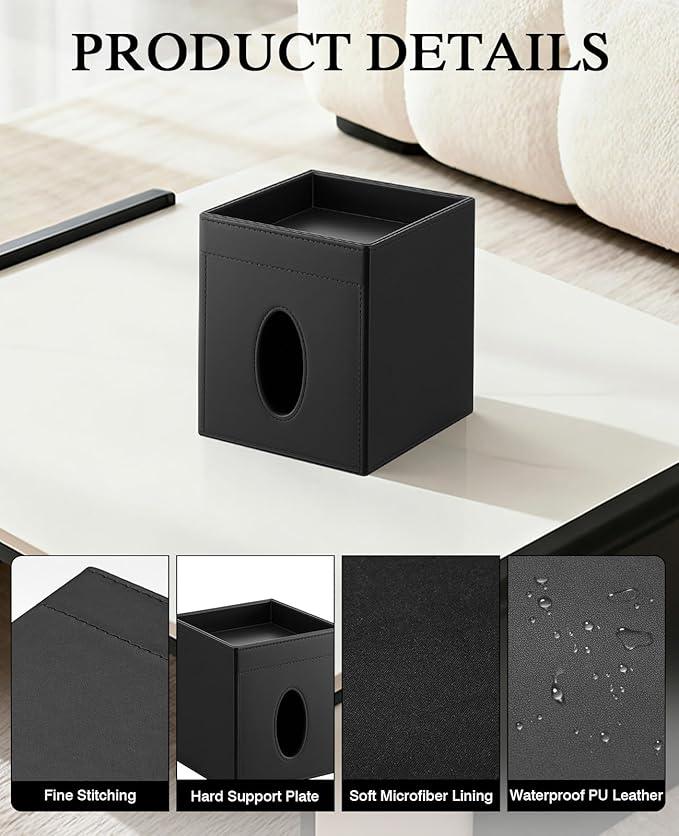 Luxspire Square Tissue Box Cover, PU Leather Square Tissue Box Cover with Storage Tray, Tissue Box Holder, Tissues Cube Boxes Cover for Living Room, Bedroom Countertop Cars Hotels, Black - ModernBath
