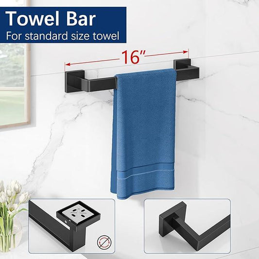 5-Piece Bathroom Hardware Accessories Set, Towel Racks for Bathroom Wall Mounted Stainless Steel, Matte Black Towel Bar Set 16In - ModernBath