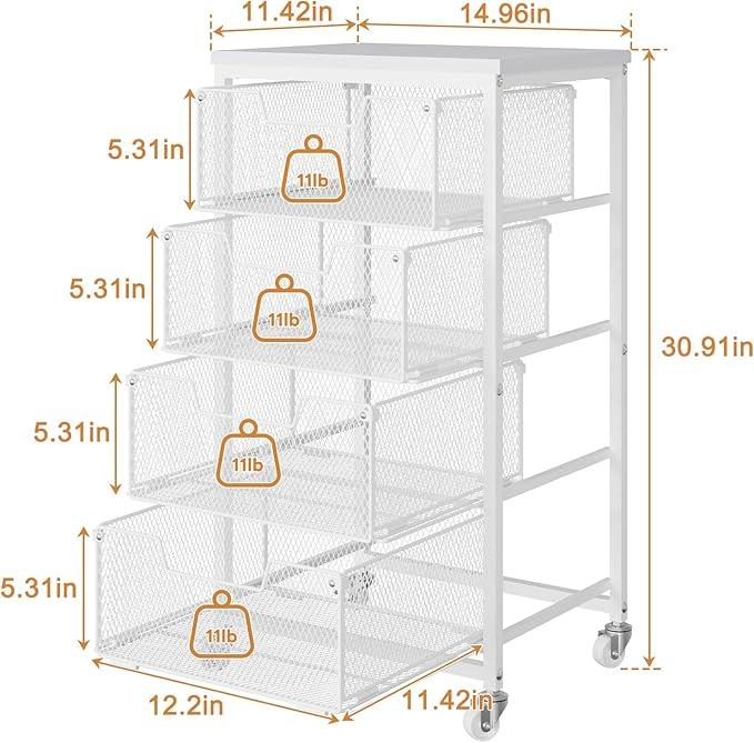4-Tier Kitchen Storage Cart - Fruit Vegetable Storage Cart with Drawers, Wooden Top Metal Wire Kitchen Organizer and Storage Cart with Wheels to Storage Onions Potatoes Cans Snacks for Kitchen - ModernBath