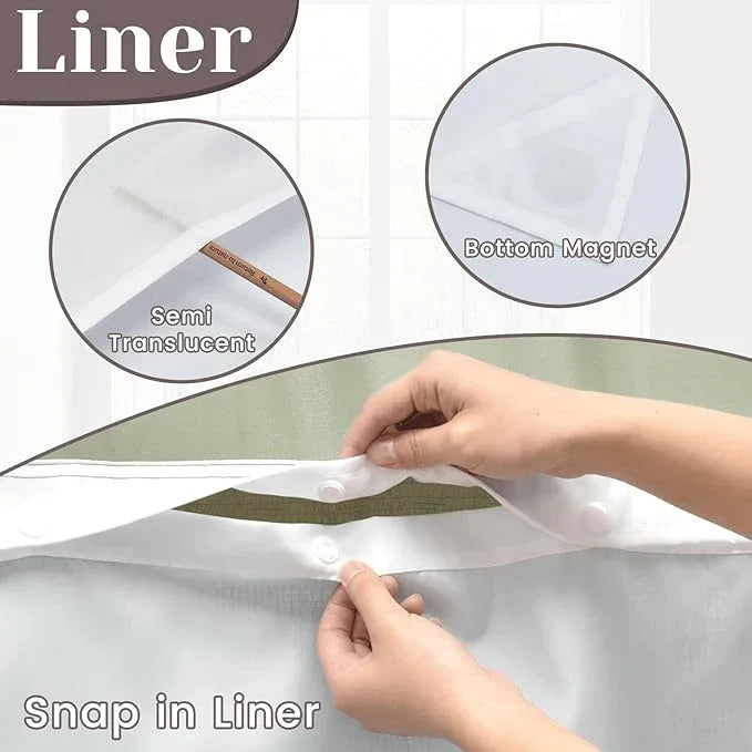 SORTTO No Hook Slub Textured Shower Curtain with Snap in Liner - Olive Fabric Outer Curtain & Waterproof Inner Liner, Hotel Style with See Through Top Window, 71x74 in - ModernBath