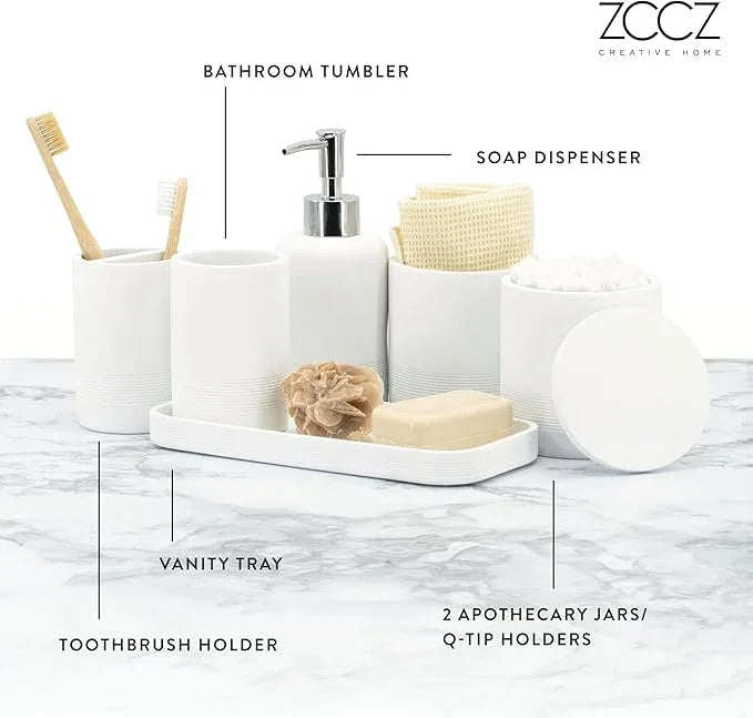 ZCCZ White Bathroom Accessories Set 6 Pieces - Toothbrush Holder, Lotion Dispenser, Qtip Container, Vanity Tray, Tumbler - Countertop Organizer for Bathrooms - Elegant and Functional Décor Set - ModernBath