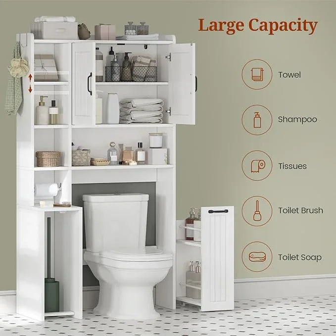 Over The Toilet Storage Cabinet with Pulley Small Bathroom Storage Cabinet, Space Saver W/Adjustable Shelf & Open Shelf for Bathroom, Restroom, Laundry (White-Type A) - ModernBath