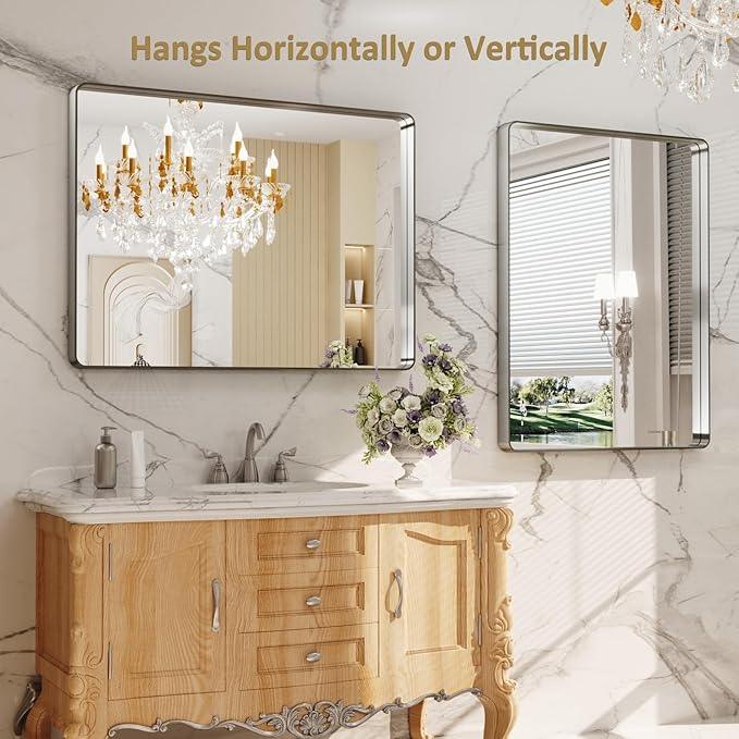 LOAAO 40X30 Inch Brushed Nickel Bathroom Mirror, Rounded Rectangle Silver Metal Frame Mirror, Brushed Nickel, Anti-Rust, Shatter Proof, Hangs Horizontally or Vertically - ModernBath
