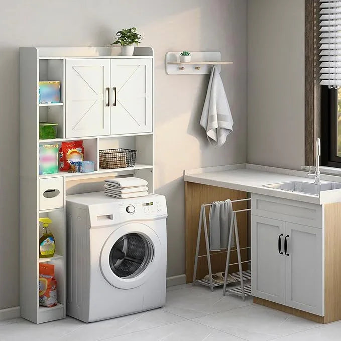 Over The Toilet Storage Cabinet, Farmhouse Storage Cabinet Over Toilet with 2 Barn Door & Toilet Paper Holder Stand, Home Space-Saving Rack, for Bathroom, Restroom (White). - ModernBath