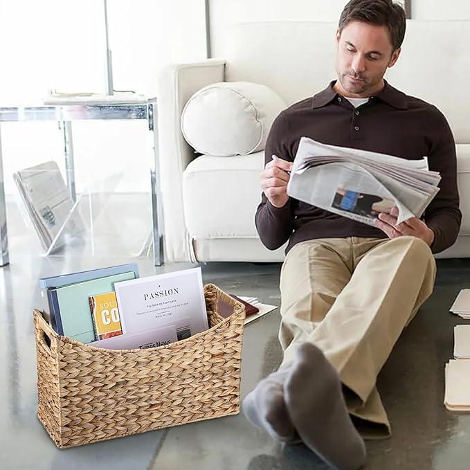 BTSKY Woven Magazine Holder, Water Hyacinth Magazine Basket, Natural Storage Basket Bin for Books & Files, Bathroom Magazine Rack with Built-in-Handle for Home, Office & Desk - 17x6.5x9.8 Inch - ModernBath